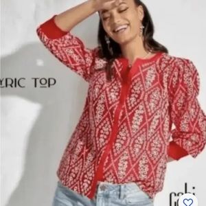 CAbi Lyric Red Eyelet Lace Button Front Puff Sleeve Blouse Top #6203 Size XS